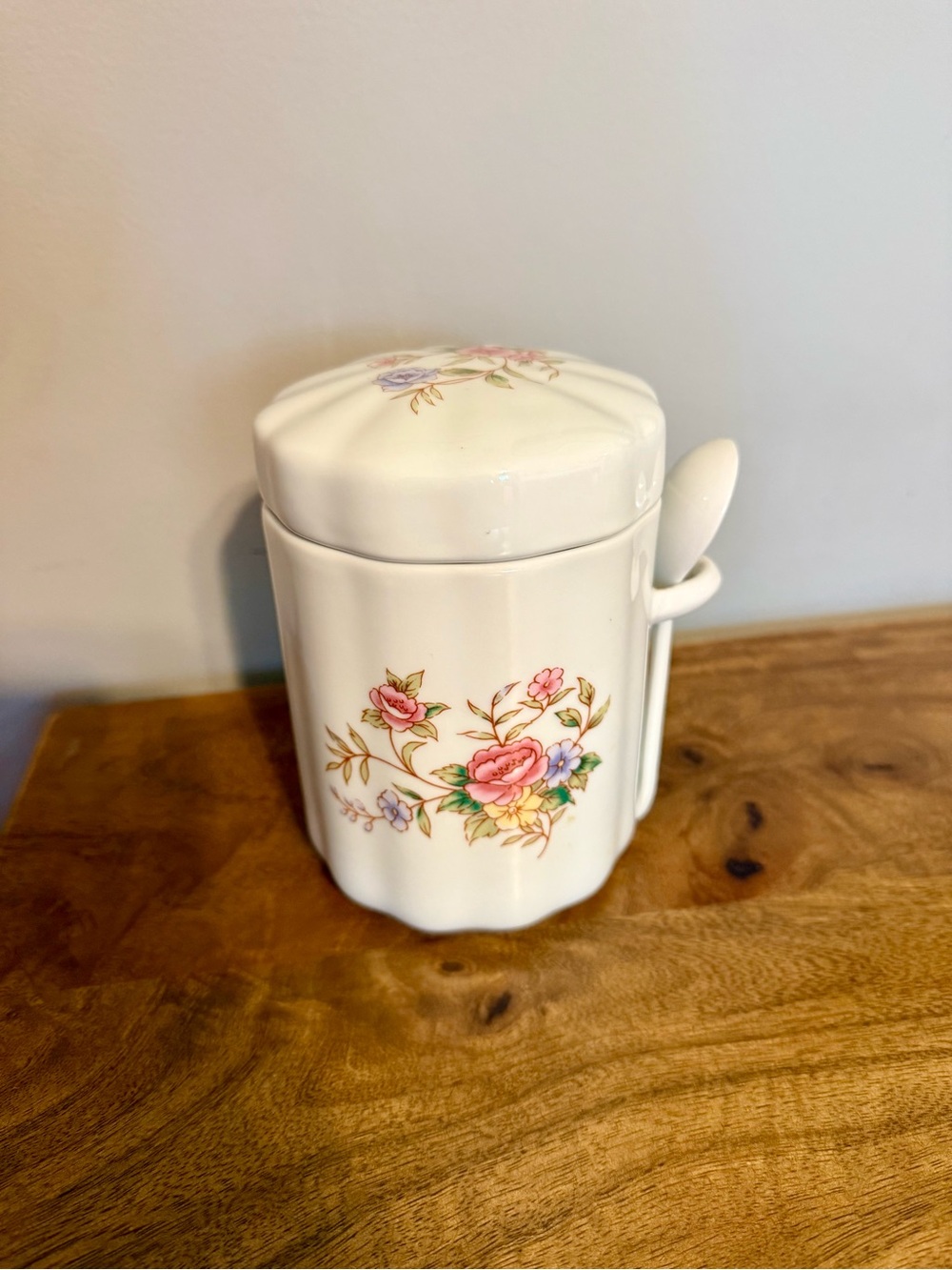 Vintage 1988 FTDA Floral Ceramic Coffee/Sugar Canister with Spoon Cottagecore